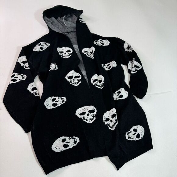Shein Cardigan Sweater Womens 2XL Skulls Hooded Open Black White Goth - Picture 1 of 6